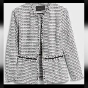 Banana Republic Peplum Tweed Jacket Grey Black White XS Chanel Inspired